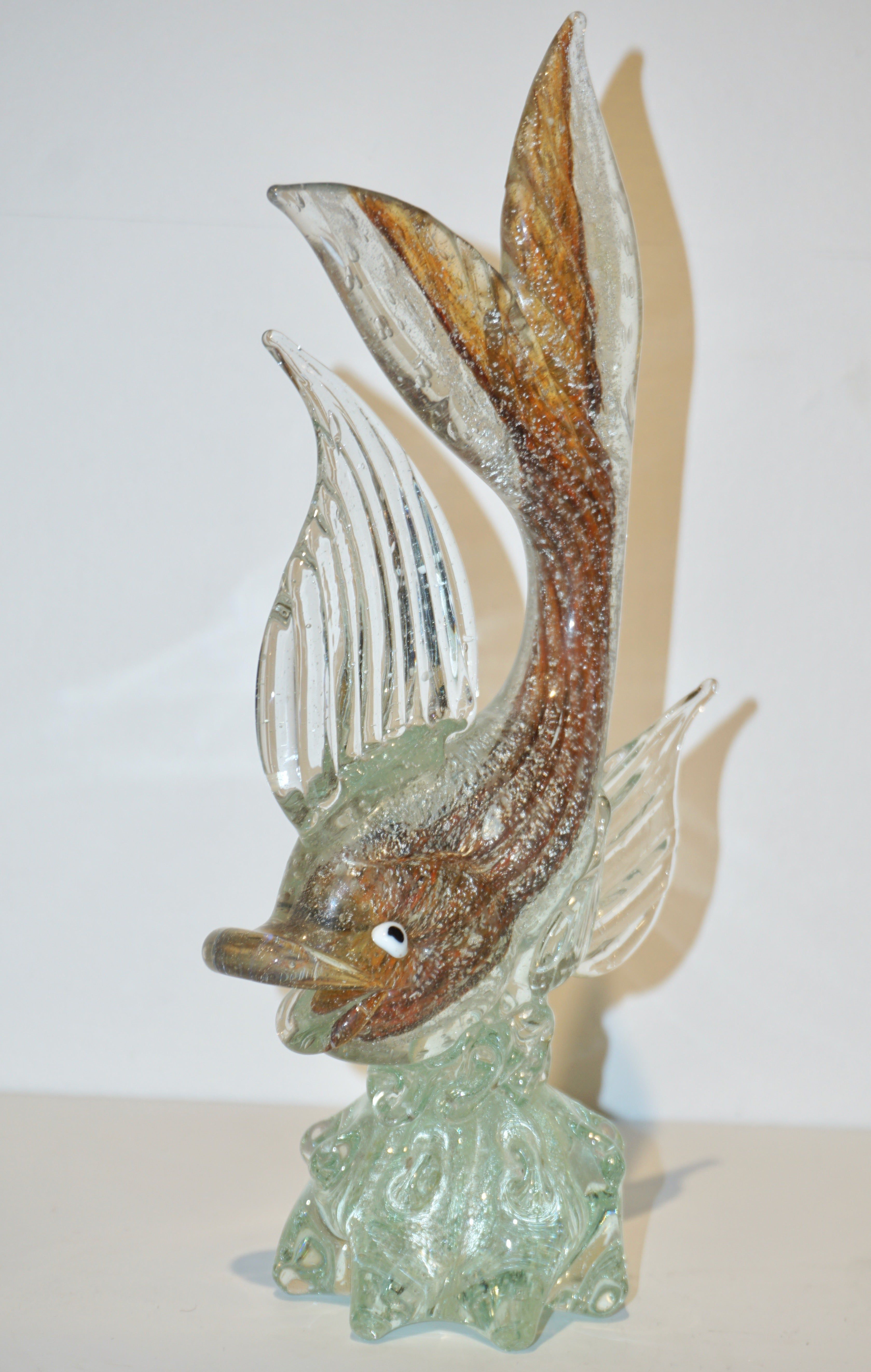 Murano Sommerso Amber and Silver Flecks Art Glass Fish Sculpture 