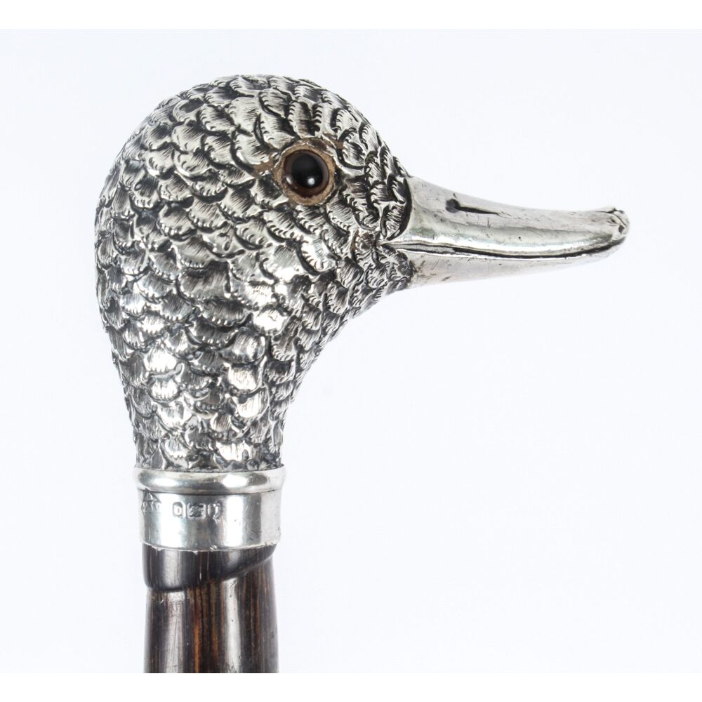 Antique Walking Stick Cane Sterling Silver Duck Head Handle 1938