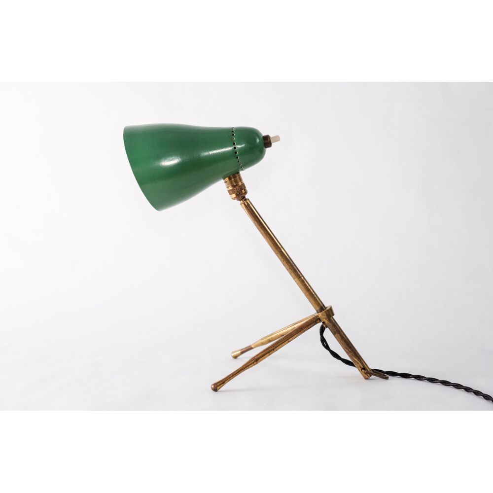 Giuseppe Ostuni - 1960s Giuseppe Ostuni Green Metal and Brass Table Lamp  for O-Luce