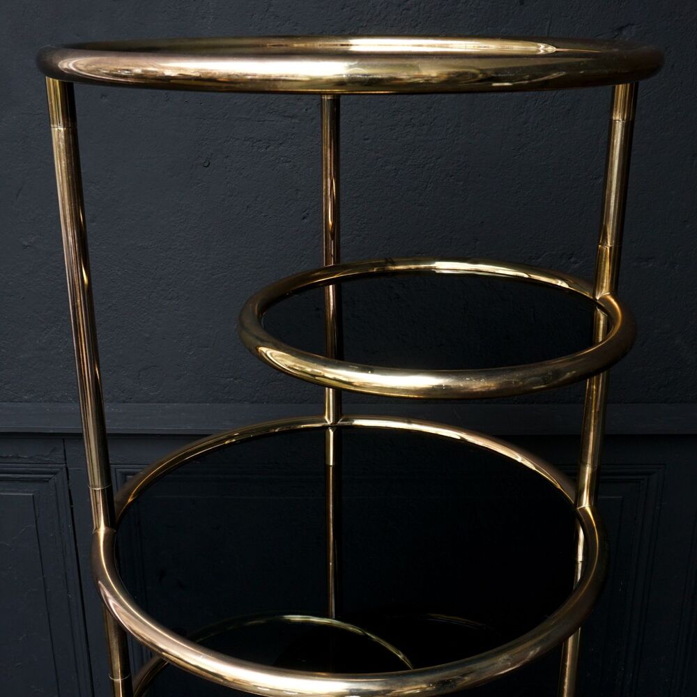 Large 1960s Milo Baughman Style Seven Tiered Brass Smoked Glass Swivel  Étagère
